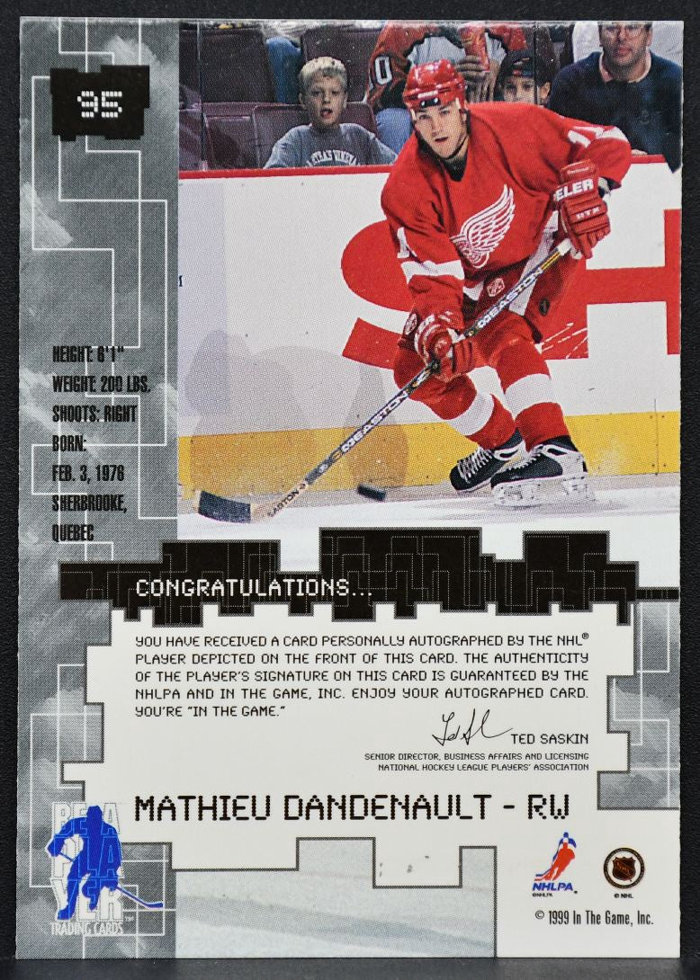 1999-100 In The Game Millennium Series Mathieu Dandenault 95 Red Wings Auto 9796