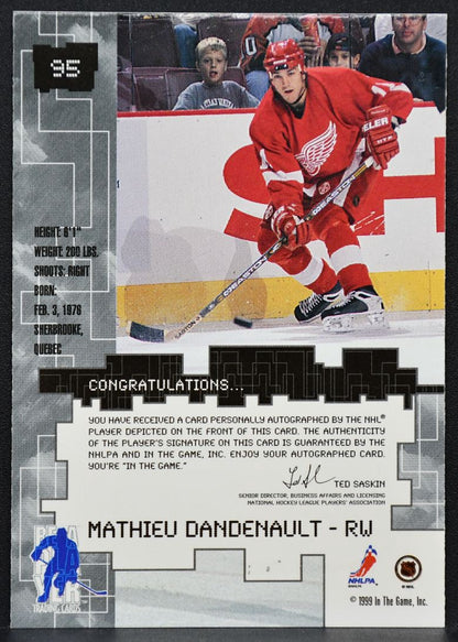 1999-100 In The Game Millennium Series Mathieu Dandenault 95 Red Wings Auto 9796