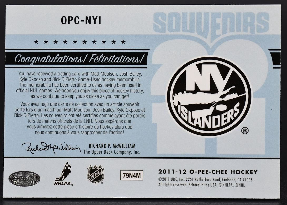2011-12 OPC Souvenirs Moulson / Bailey / Okposo / DiPietro OPC-NYI Jersey