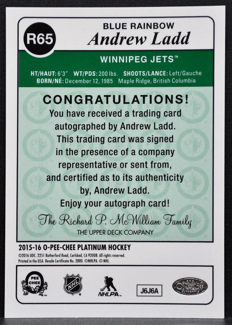 2015-16 O-Pee-Chee Platinum Retro Rainbow Blue Autos Andrew Ladd Jets Auto 0781