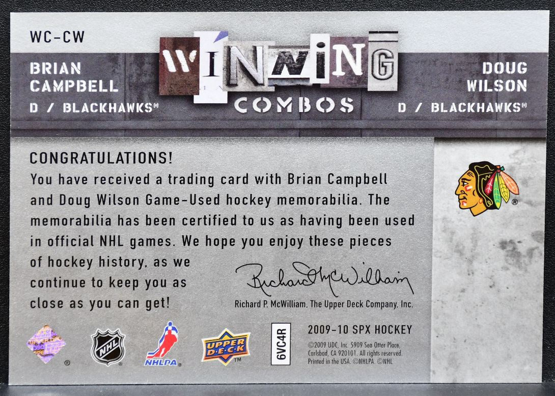 2009-10 SPx Winning Combos Brian Campbell/Doug Wilson Blackhawks Jersey 0615