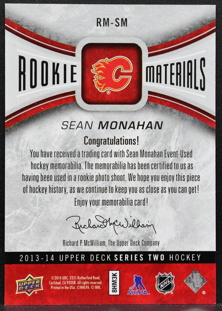 2013-14 UD Series 2 Rookie Materials Sean Monahan RM-SM Flames RC Jersey 4084