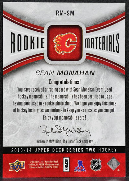 2013-14 UD Series 2 Rookie Materials Sean Monahan RM-SM Flames RC Jersey 4084