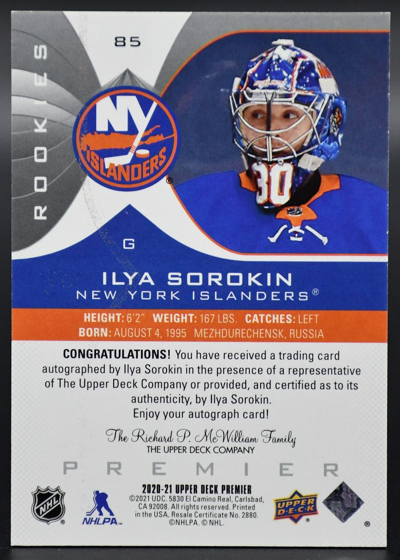 2020-21 UD Premier Ilya Sorokin 85 New York Islanders RC Auto