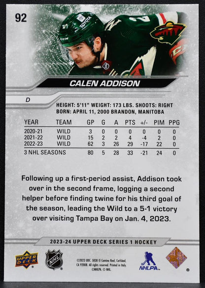 2023-24 Upper Deck Series 1 Deluxe Calen Addison 92 Minnesota Wild 149/250 1631
