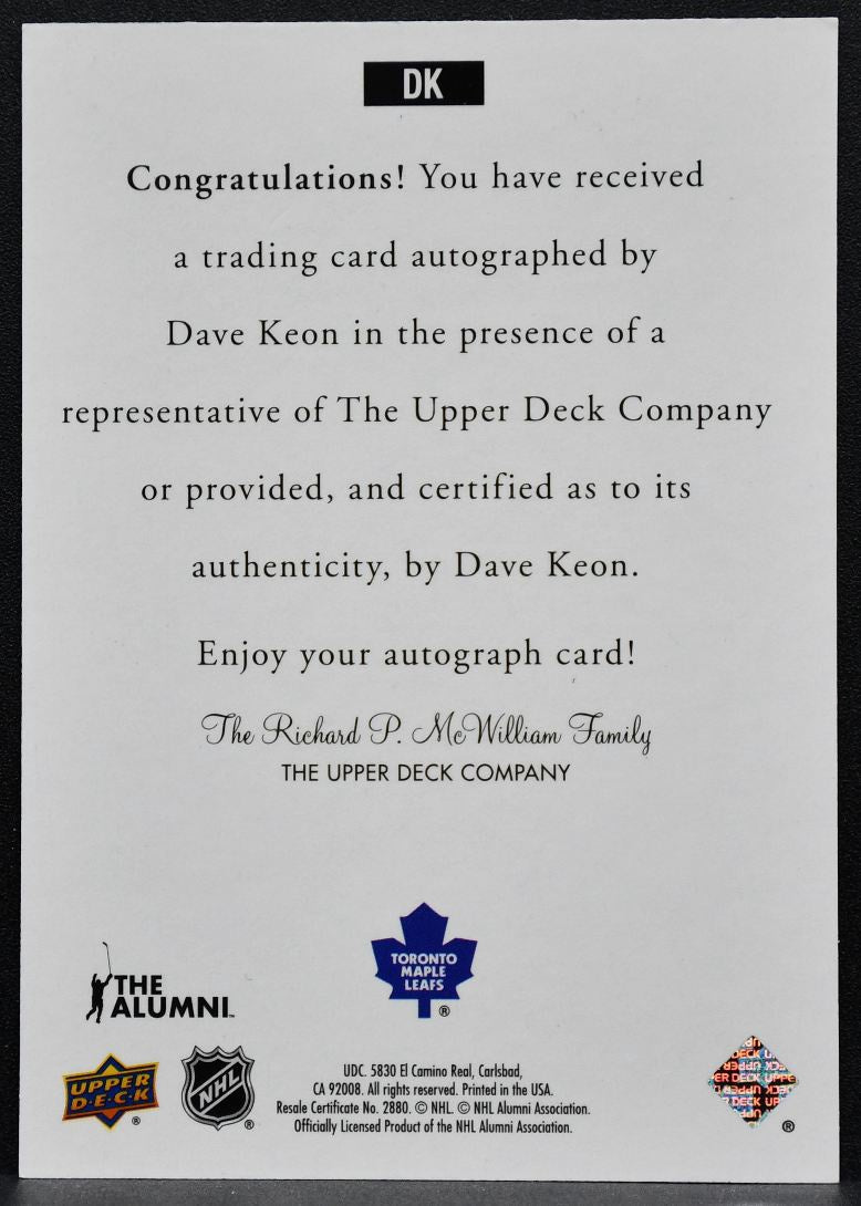 2020-21 SP Signature Edition Legends Auto Dave Keon DK Maple Leafs Auto 7399
