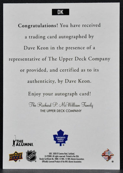 2020-21 SP Signature Edition Legends Auto Dave Keon DK Maple Leafs Auto 7399
