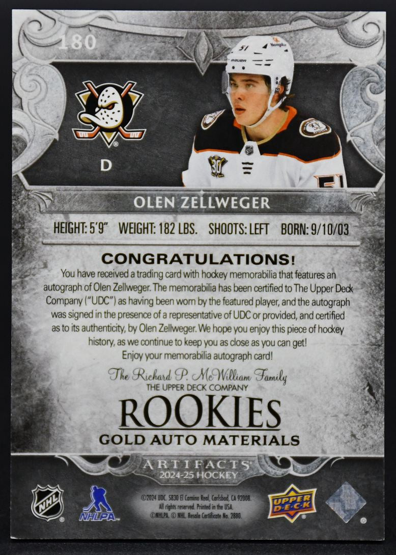 2024-25 UD Artifacts Olen Zellweger 180 Colorado Avalanche RC Auto 83/99 Jersey
