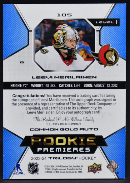 2023-24 UD Trilogy Rookie Premieres Common Gold Auto Merilainen RC Auto 187/349