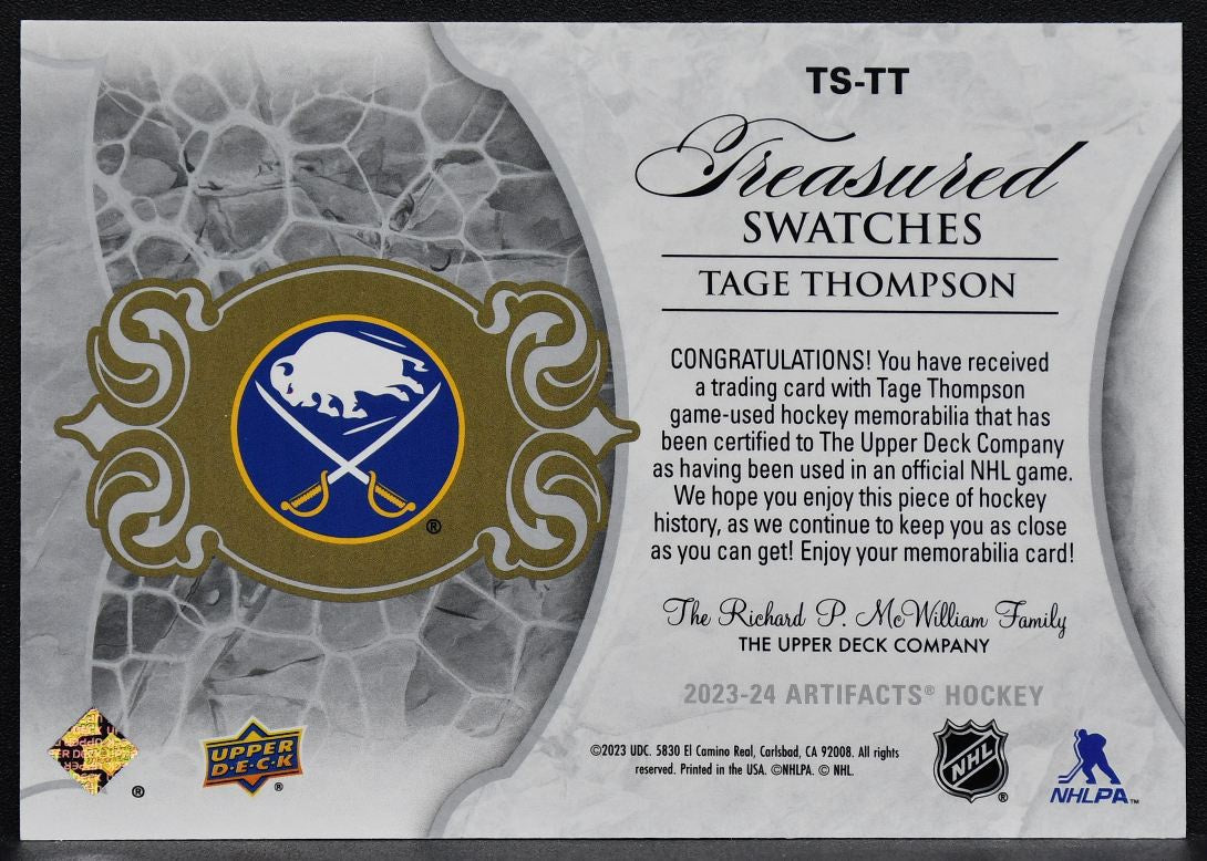 23-24 UD Artifacts Treasured Swatches Tage Thompson TS-TT Buffalo Sabres Jersey 3278
