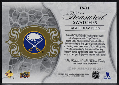 23-24 UD Artifacts Treasured Swatches Tage Thompson TS-TT Buffalo Sabres Jersey 3278