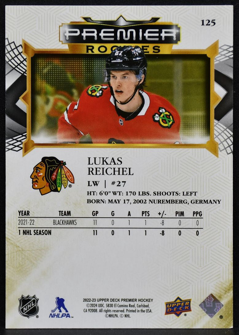 2022-23 UD Premier Rookies Gold Lukas Reichel 125 Blackhawks RC 18/65 4944