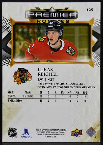 2022-23 UD Premier Rookies Gold Lukas Reichel 125 Blackhawks RC 18/65 4944