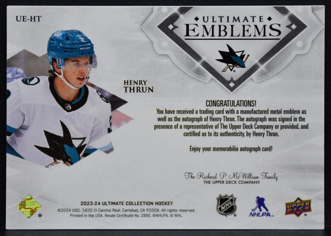 2023-24 UD Ultimate Collection Emblems Thrun UE-HT Sharks RC Auto 12/99 8362