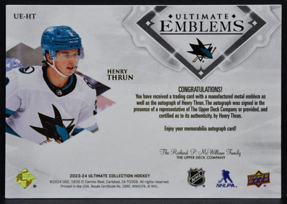 2023-24 UD Ultimate Collection Emblems Thrun UE-HT Sharks RC Auto 12/99 8362