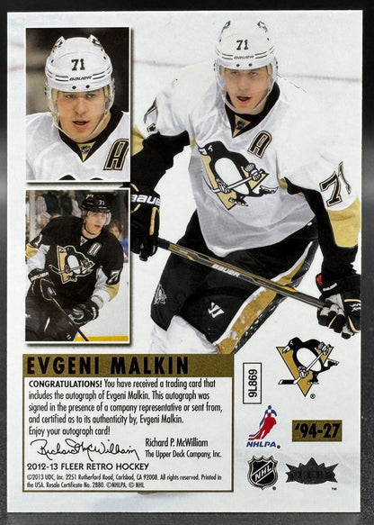 Carte autographiée Fleer Ultra Signatures 2013-2014 d'Evgeni Malkin (n° 71) des Penguins de Pittsburgh