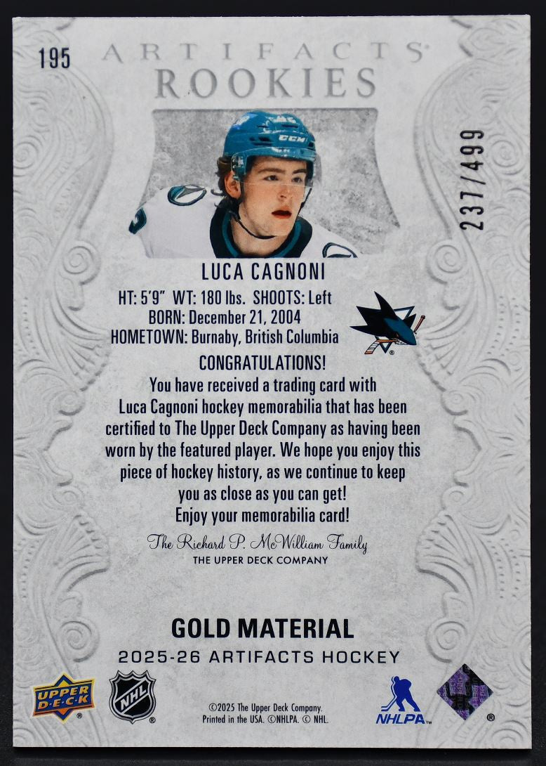 2025-26 UD Artifacts Rookies Gold Material Luca Cagnoni 195 RC 237/499 Jersey