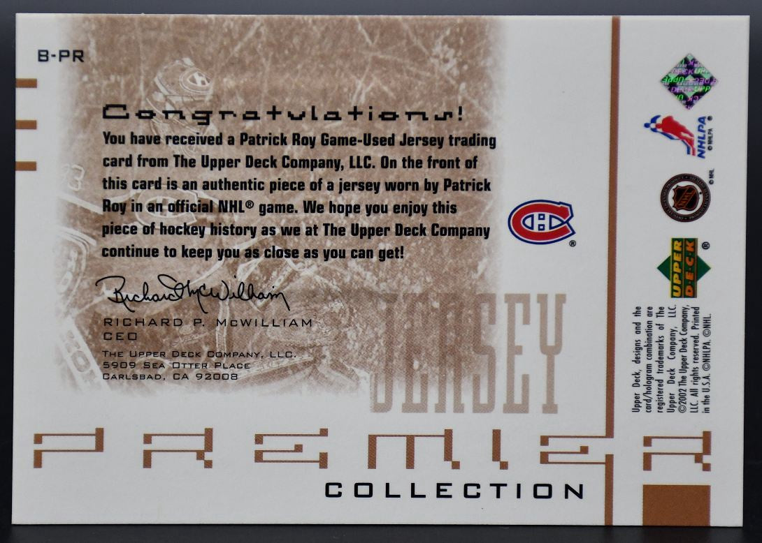 Maillot de match UD Premier Collection 2001-02 Patrick Roy B-PR 199/300