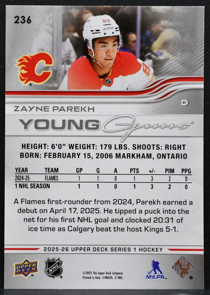 2025-26 Upper Deck Series 1 Young Guns Zayne Parekh 236 Calgary Flames RC 1846