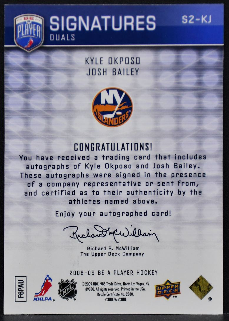 2008-09 UD Be a Player Signatures Duals Kyle Okposo/Josh Bailey S2-KJ Auto