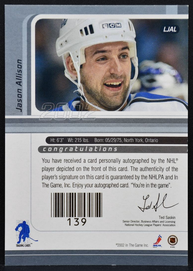 2001-02 Be a Player Signature Series Auto Jason Allison LJAL Bruins Auto 9208