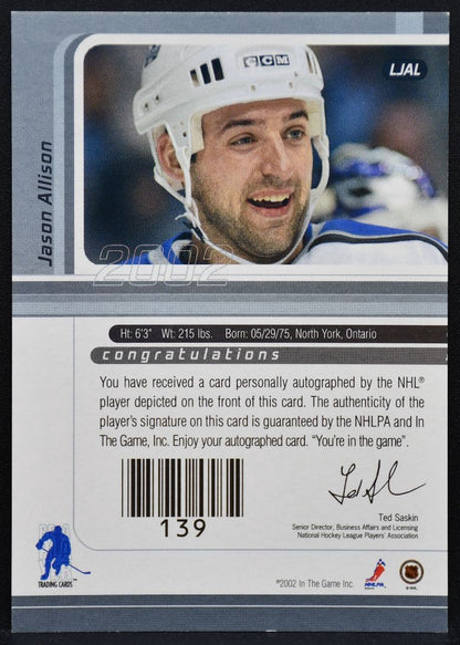 2001-02 Be a Player Signature Series Auto Jason Allison LJAL Bruins Auto 9208