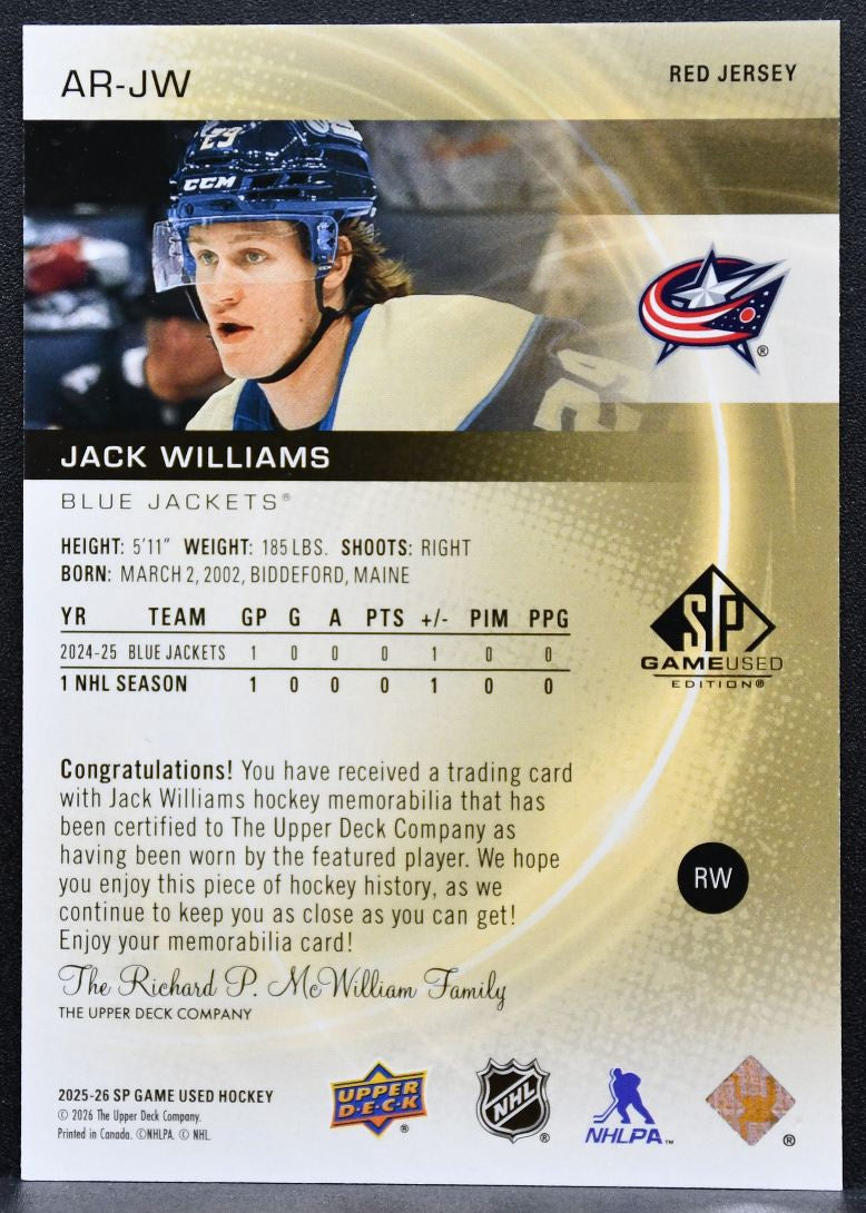 2025-26 SP Game Used Authentic Rookies Red Jack Williams RC Jersey 6326