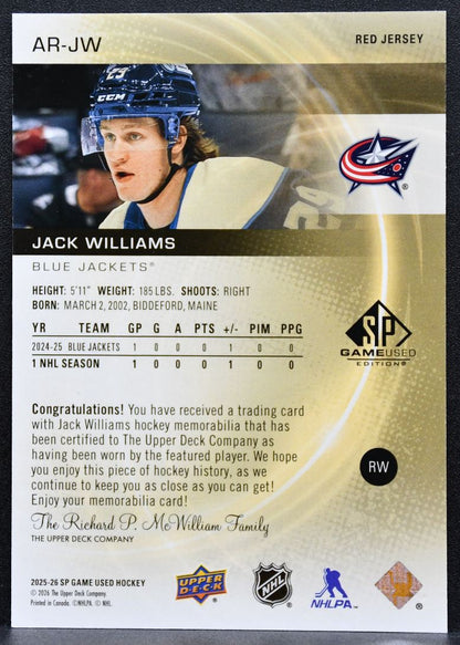 2025-26 SP Game Used Authentic Rookies Red Jack Williams RC Jersey 6326