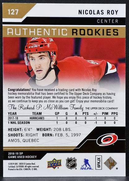 2018-19 SP Game Used Authentic Rookies Jersey Nicolas Roy RC 154/499 Jersey 2455
