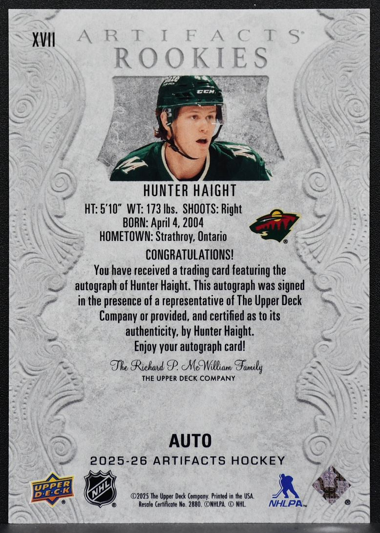 2025-26 Upper Deck Artifacts Rookies Auto Redemptions Hunter Haight RC Auto 6469