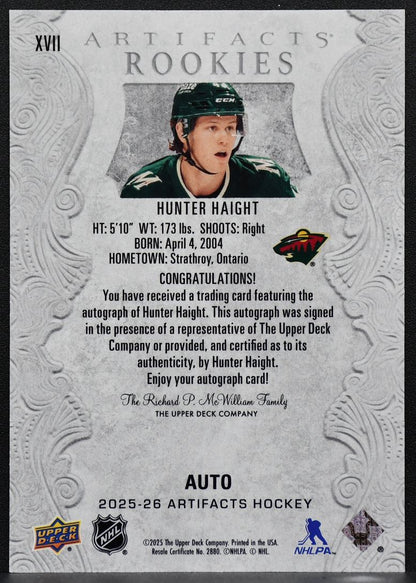 2025-26 Upper Deck Artifacts Rookies Auto Redemptions Hunter Haight RC Auto 6469