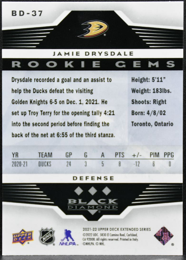 2021-22 UD Extended Series Black Diamond Rookie Gems Drysdale RC 8808