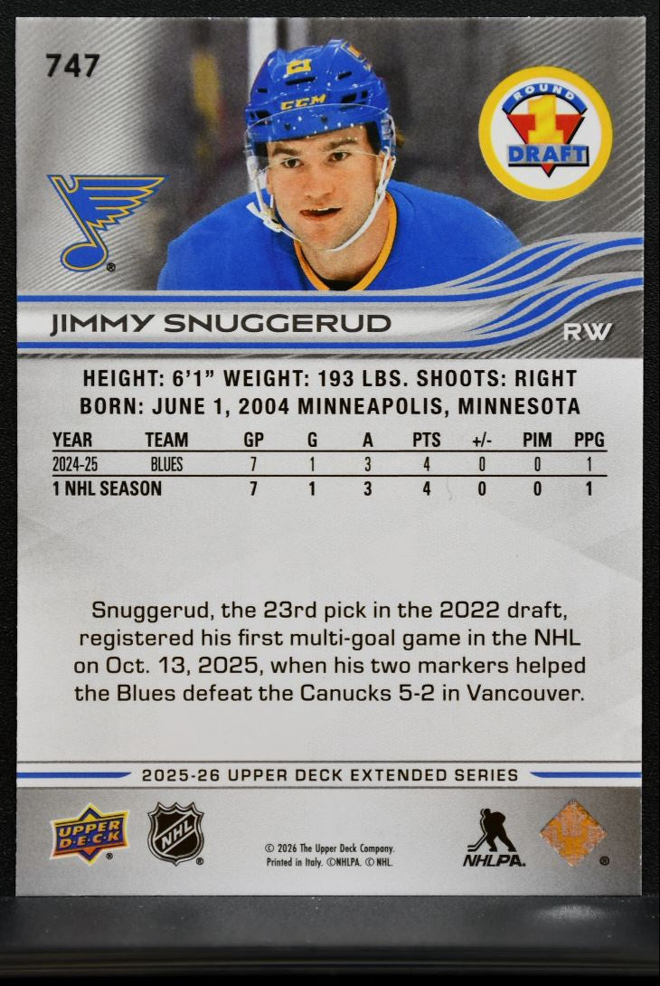 2025-26 Upper Deck Extended Series Round 1 Draft Jimmy Snuggerud Blues RC 3581