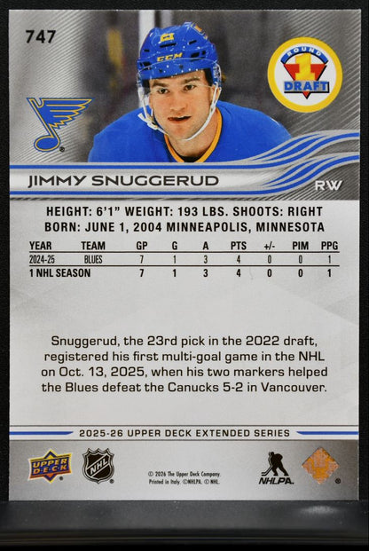2025-26 Upper Deck Extended Series Round 1 Draft Jimmy Snuggerud Blues RC 3581