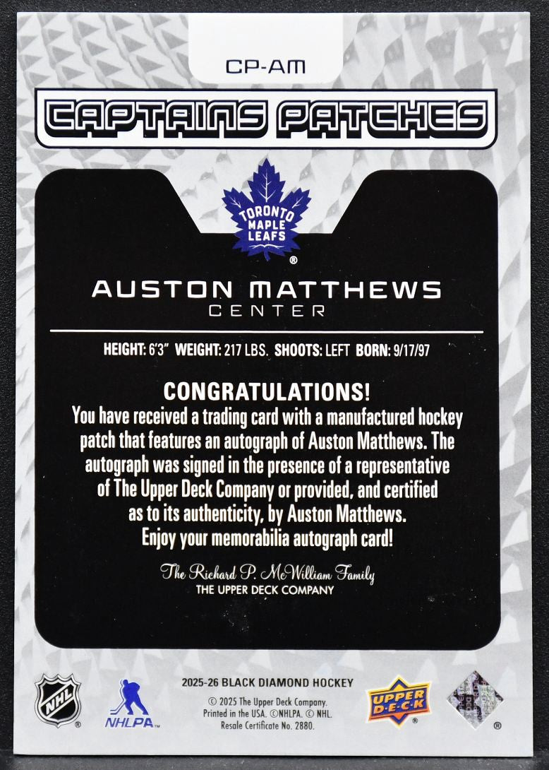 2025-26 UD Black Diamond Captains Patches Gold Auston Matthews CP-AM  Auto /24