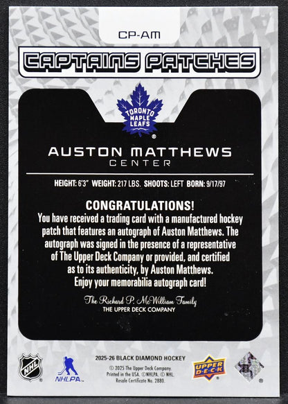 2025-26 UD Black Diamond Captains Patches Gold Auston Matthews CP-AM  Auto /24