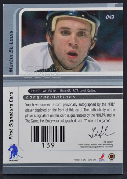 2002-03 In The Game 2002 Signature Series Martin St-louis Lightning Auto