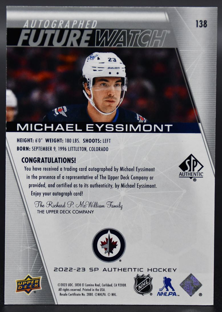 2022-23 SP Authentic Michael Eyssimont 138 Winnipeg Jets RC Auto 158/999