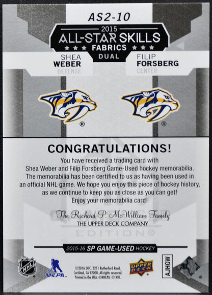 2015-16 SP Game Used 2015 All-Star Fabrics Duals Weber/Forsberg Jersey 2189