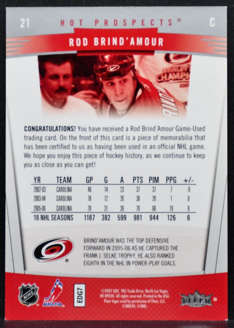 2006-07 Fleer Hot Prospects Rod Brind'Amour 21 Hurricanes 080/100 Jersey 5252