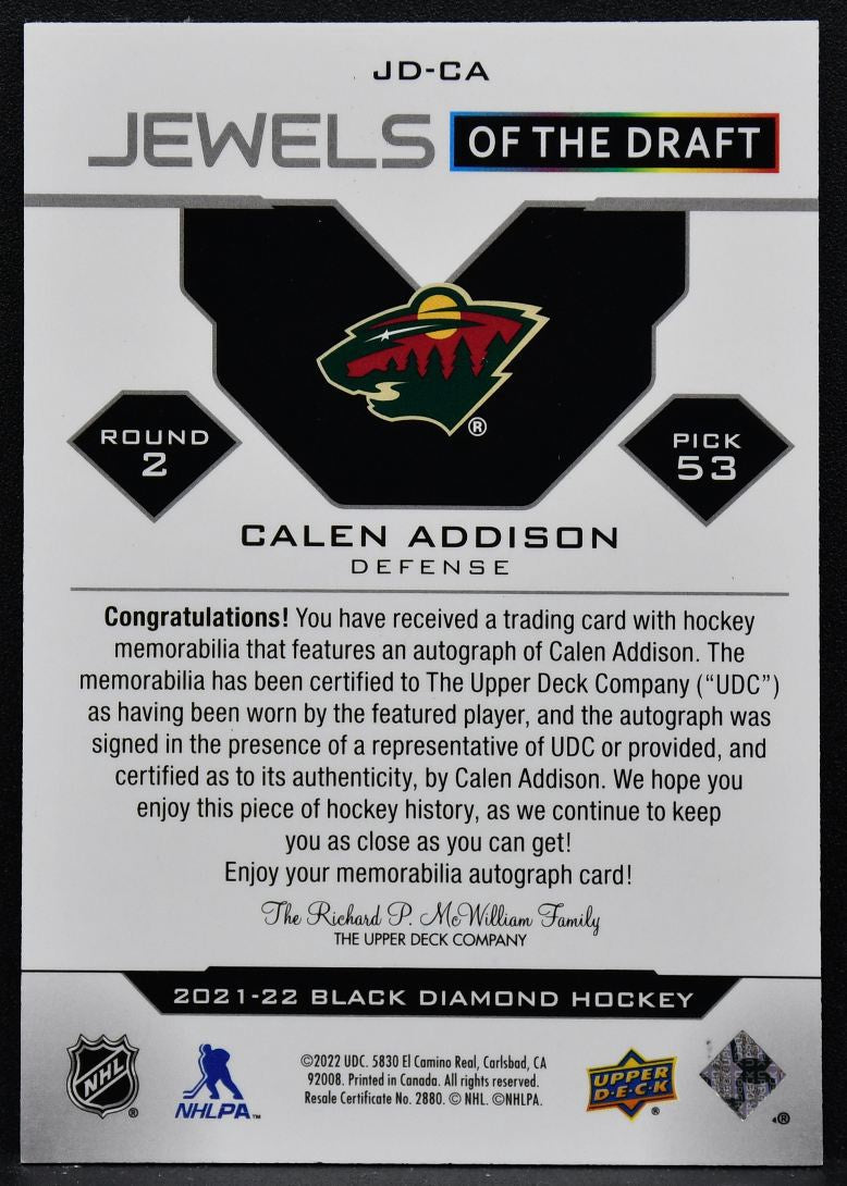 2021-22 UD Black Diamond Jewels of the Draft Addison JD-CA RC Auto Patch 2576