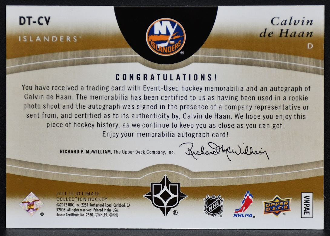 2011-12 UD Ultimate Debut Threads de Haan Islanders RC Auto 44/50 Jersey 0157