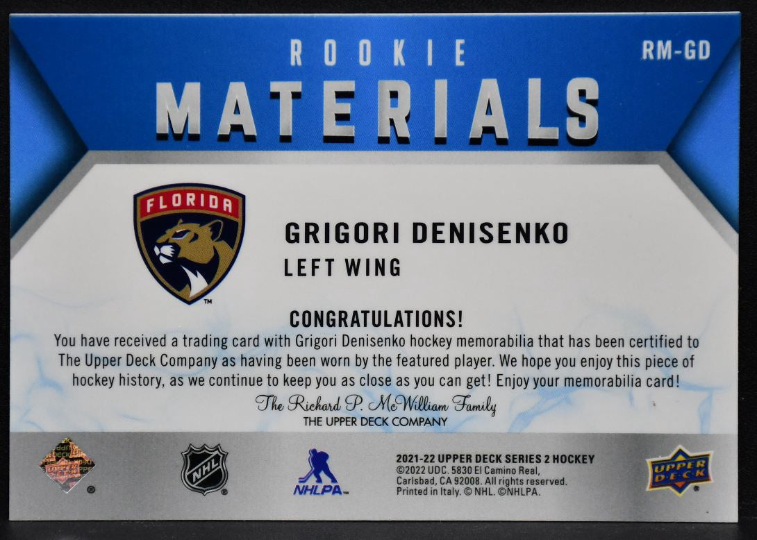 2021-22 UD Series 2 RC Materials Denisenko Florida Panthers RC Jersey 3224