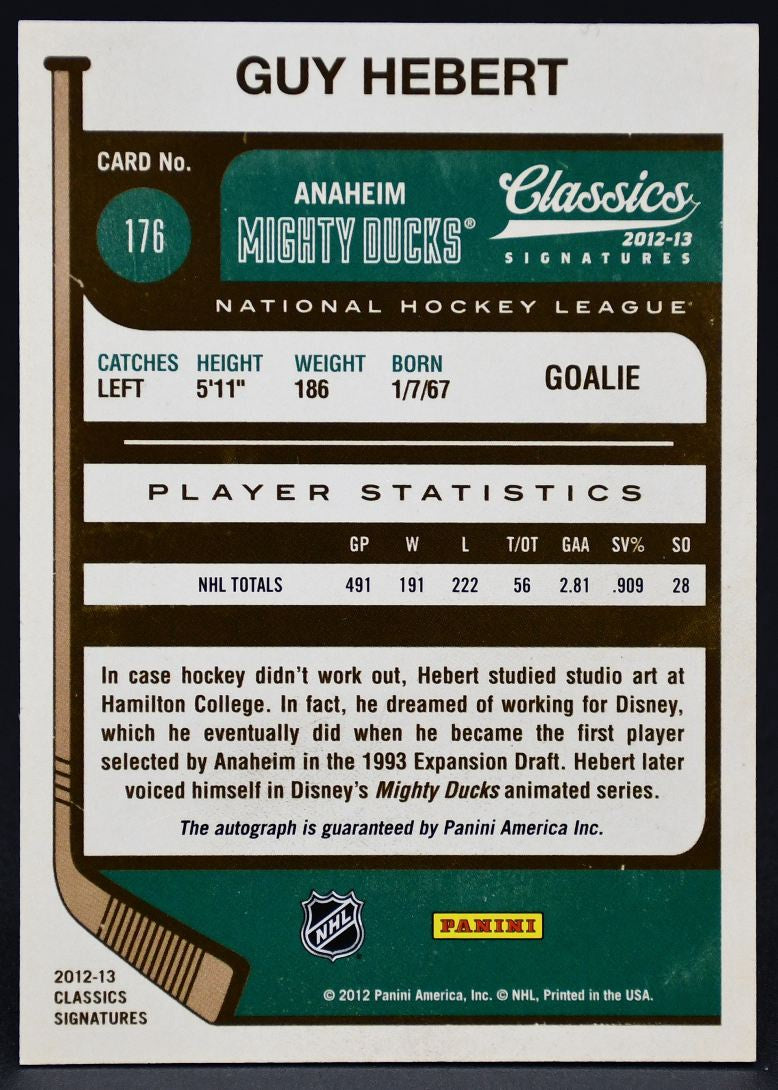 Carte autographiée Guy Hebert 176 de la collection Panini Classics Signatures 2012-13