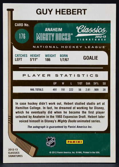 Carte autographiée Guy Hebert 176 de la collection Panini Classics Signatures 2012-13