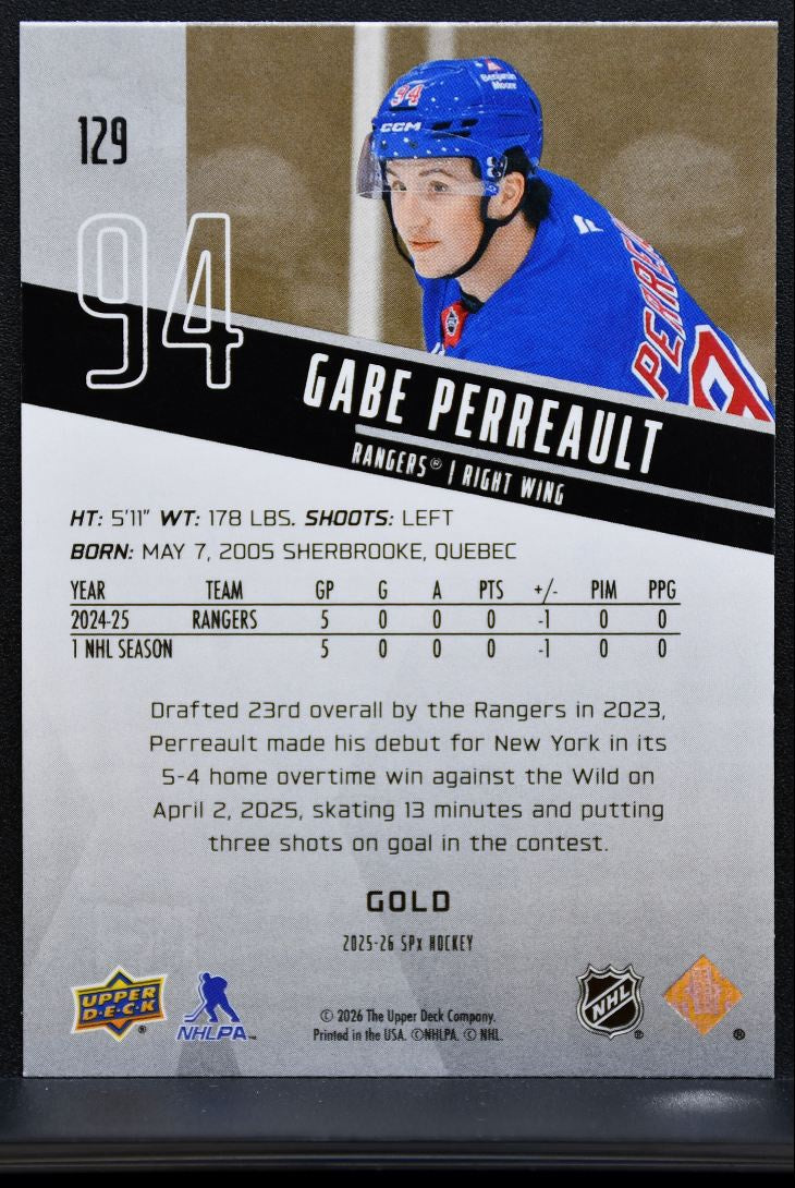 2025-26 SPx Rookies Gold Gabe Perreault 129 New York Rangers RC 0412