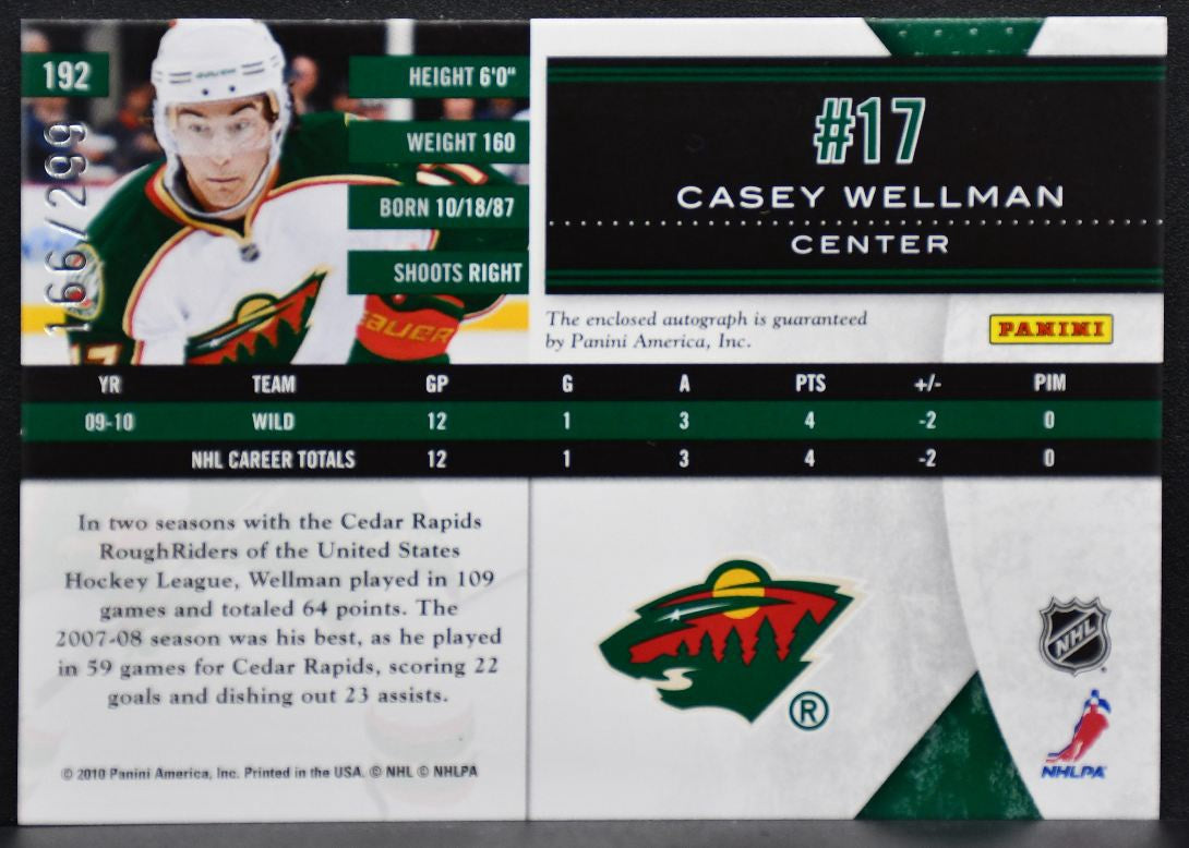 2010-11 Panini Limited Phenoms Casey Wellman 192 RC Auto 166/299 Patch 6919
