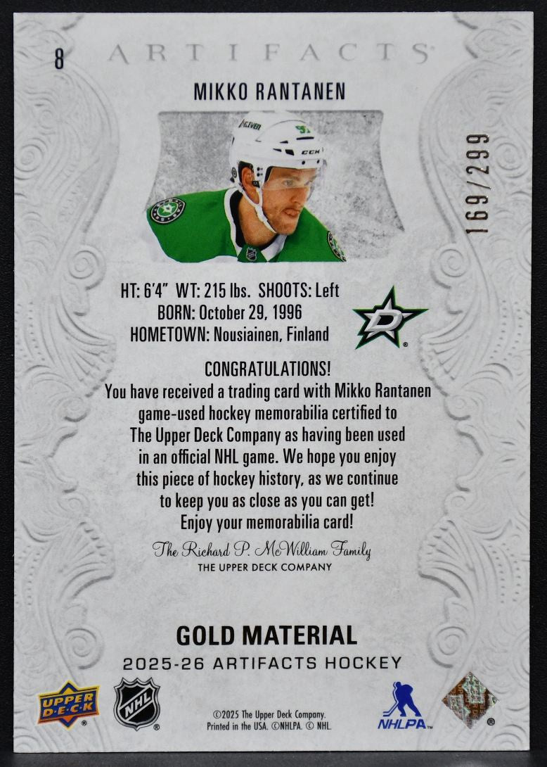 2025-26 UD Artifacts Material Gold Mikko Rantanen 8 Dallas Stars 169/299 Jersey 2325