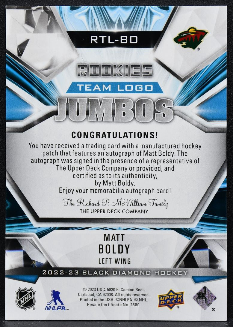 2022-23 UD Black Diamond Team Logo Jumbos Boldy RTL-BO RC Auto Patch 2620