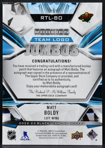 2022-23 UD Black Diamond Team Logo Jumbos Boldy RTL-BO RC Auto Patch 2620